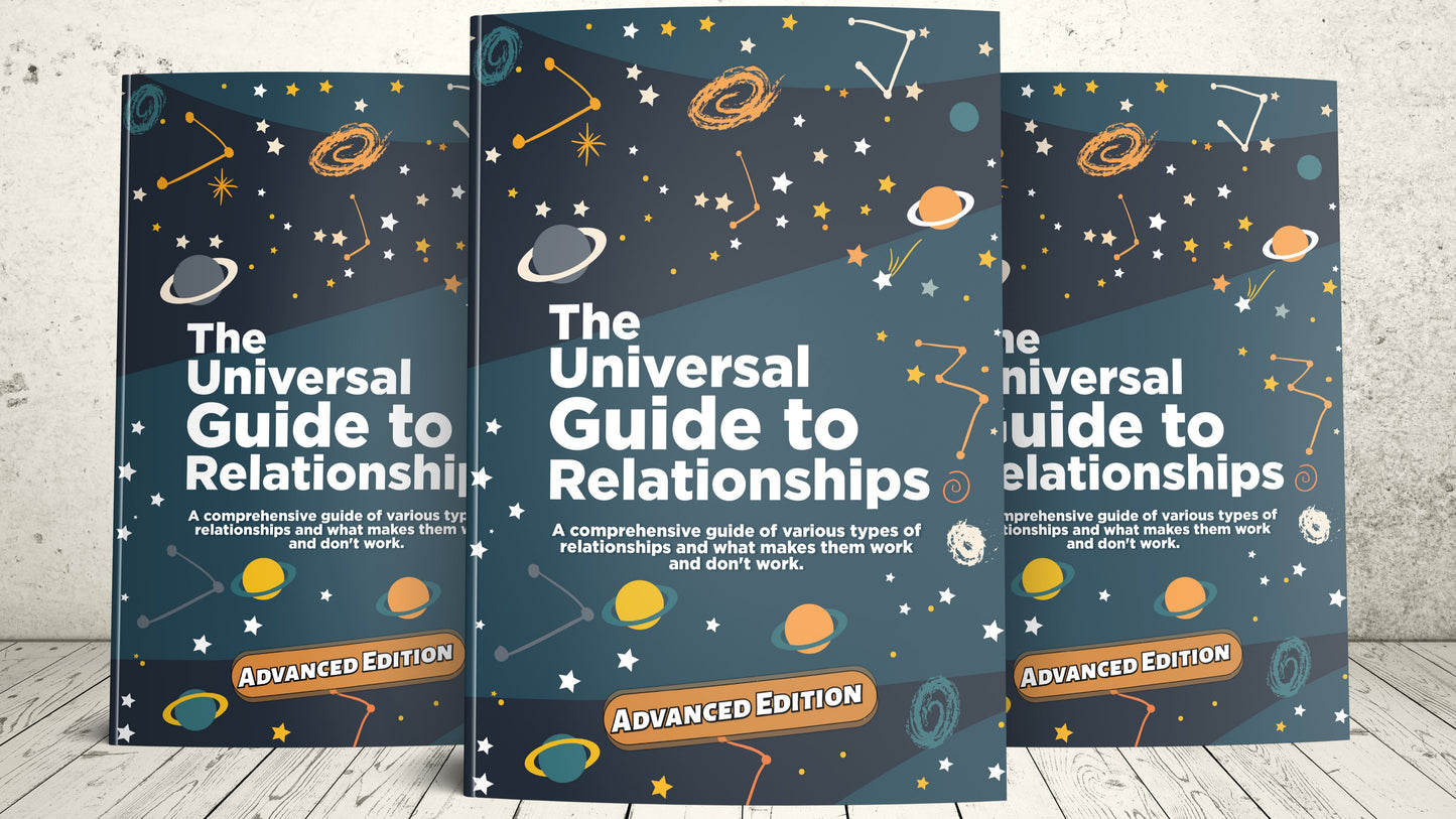 Three copies of 'The Universal Guide to Relationships' on a wooden surface with a light gray background.