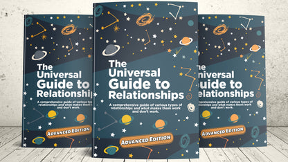Three copies of 'The Universal Guide to Relationships' on a wooden surface with a light gray background.